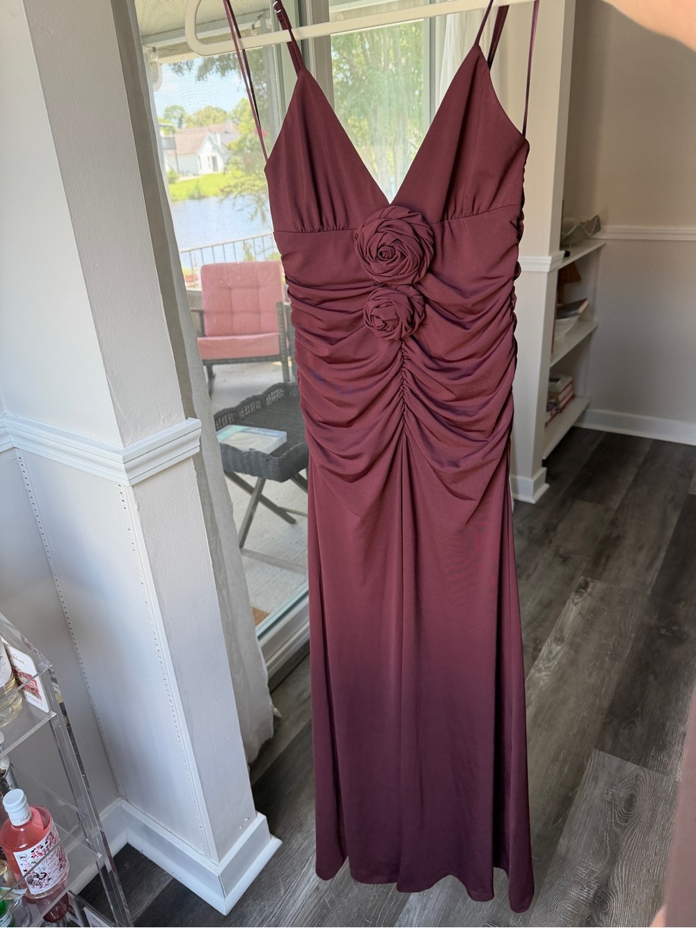 Zara Burgundy Maxi Dress with Rosette Ruched Bodice